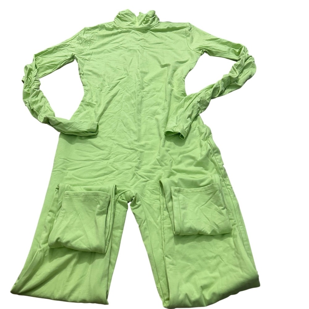 Naked Wardrobe Lime Green Turtleneck Ruched Sleeve Jumpsuit Size M NEW!